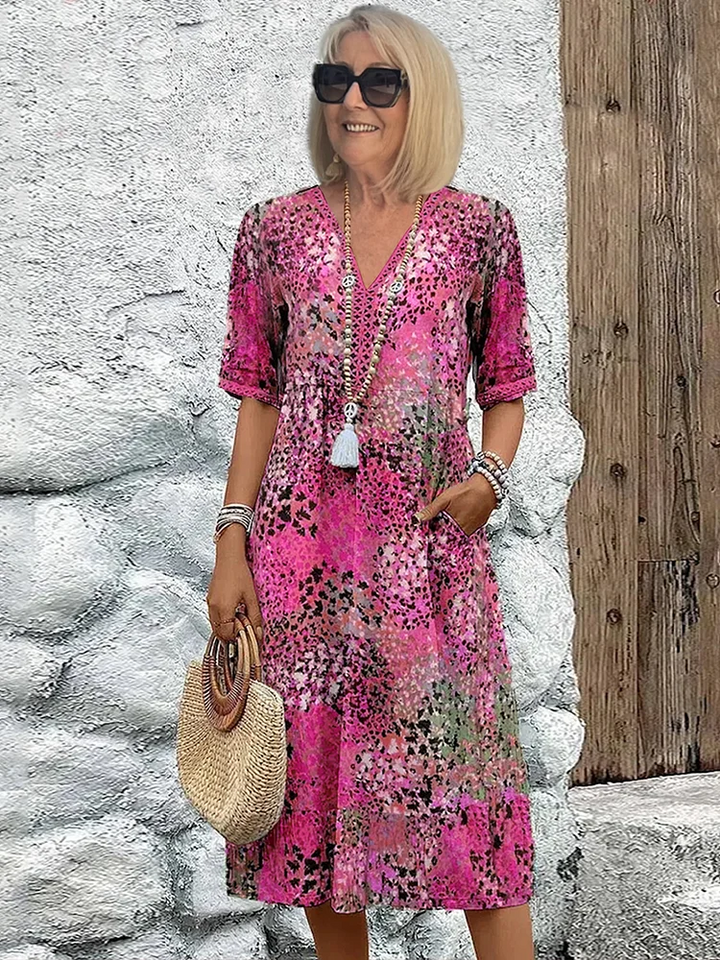 Women's Floral Print Midi Dress with V-Neck Tassel Detail and Loose Fit