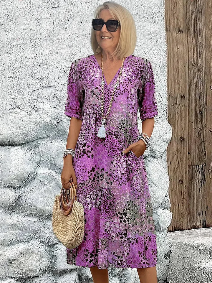 Women's Floral Print Midi Dress with V-Neck Tassel Detail and Loose Fit