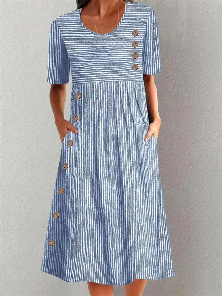 Women's Striped Summer Midi Dress with Scoop Neck and Side Button Detail