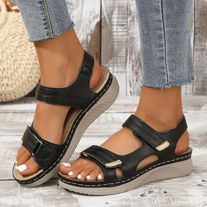 Women's Open Toe Wedge Sandals with Two Hook and Loop Straps and Gold Detail
