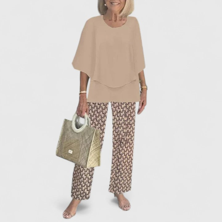 Women's Two-Piece Set with Layered Top and Printed Wide-Leg Pants