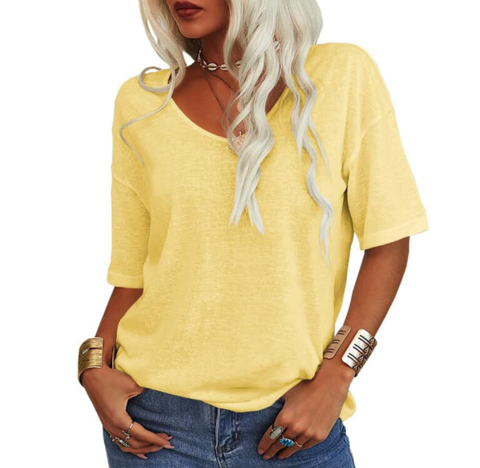 Women's Oversized Cotton Linen T-Shirt V-Neck Short Sleeve