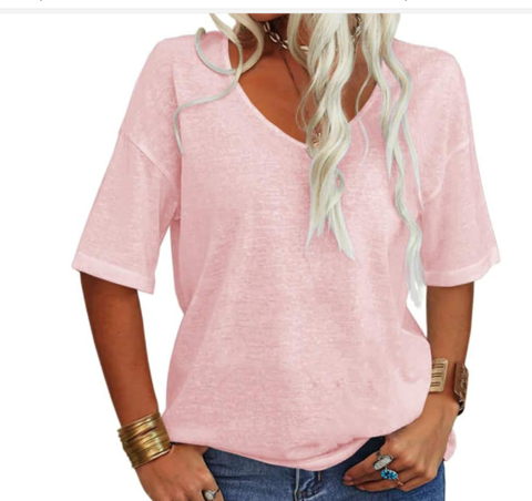 Women's Oversized Cotton Linen T-Shirt V-Neck Short Sleeve