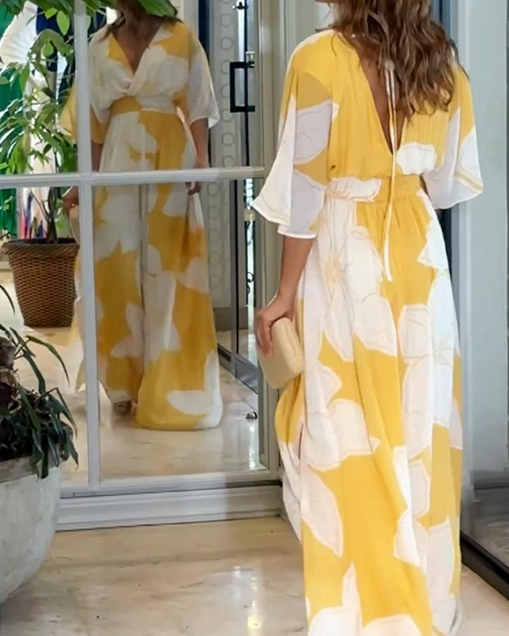Women's Floral Maxi Dress V-Neck Flutter Sleeve Twist Front