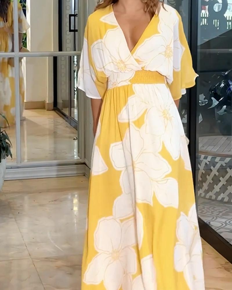 Women's Floral Maxi Dress V-Neck Flutter Sleeve Twist Front