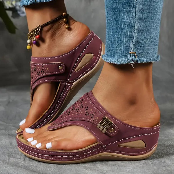 Women's Open Toe Wedge Flip Flop Sandals with Laser Cut Detail and Buckle