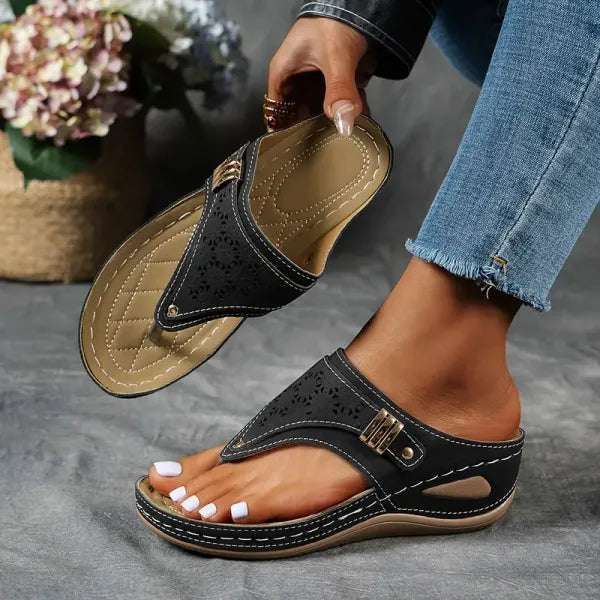 Women's Open Toe Wedge Flip Flop Sandals with Laser Cut Detail and Buckle