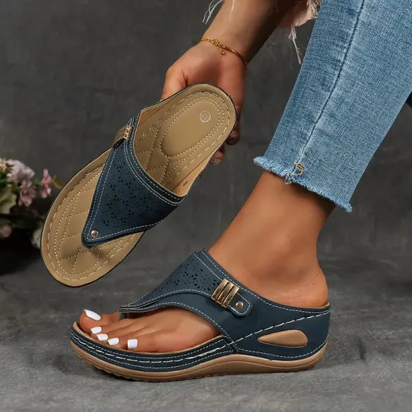 Women's Open Toe Wedge Flip Flop Sandals with Laser Cut Detail and Buckle