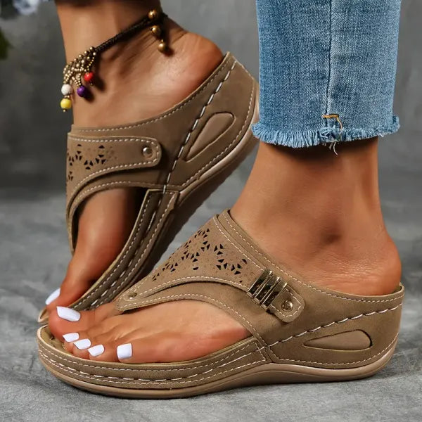 Women's Open Toe Wedge Flip Flop Sandals with Laser Cut Detail and Buckle