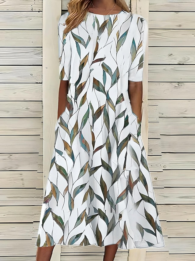 Floral Print Midi Dress Short Sleeve with Pockets
