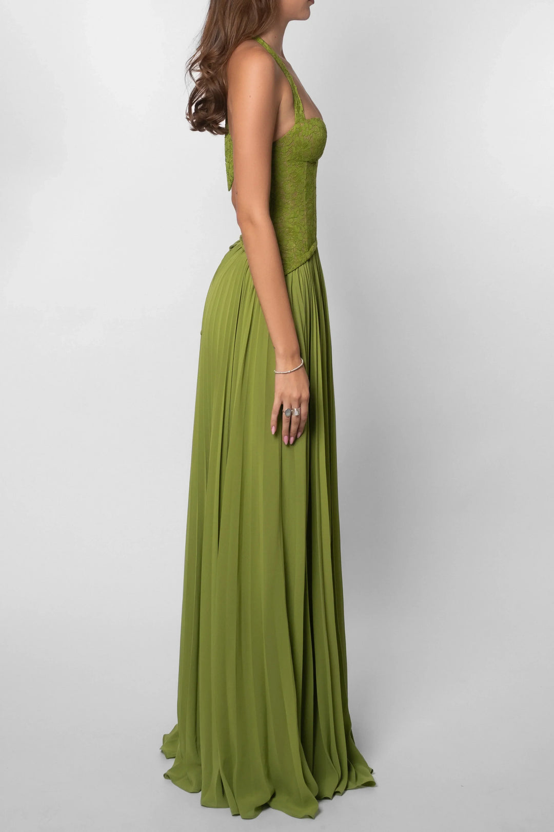 Women's Green Corset Halter Neck Pleated Chiffon Maxi Dress