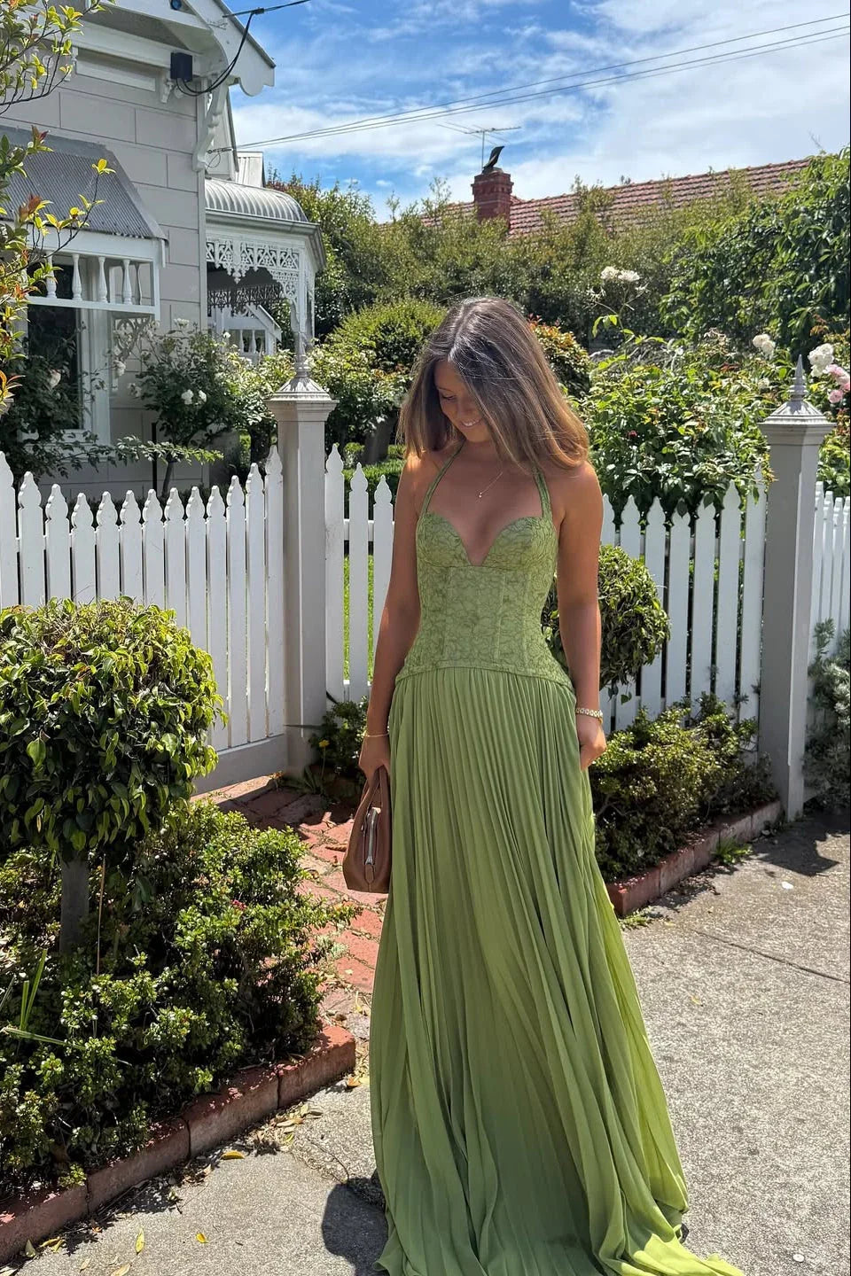 Women's Green Corset Halter Neck Pleated Chiffon Maxi Dress