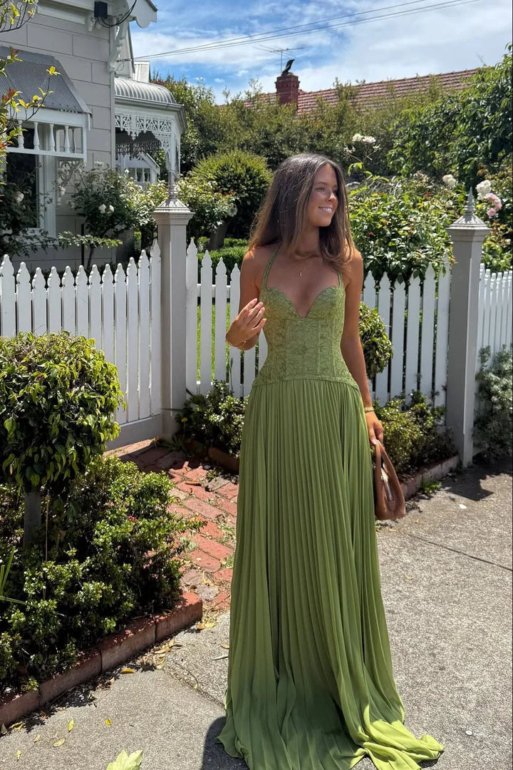 Women's Green Corset Halter Neck Pleated Chiffon Maxi Dress