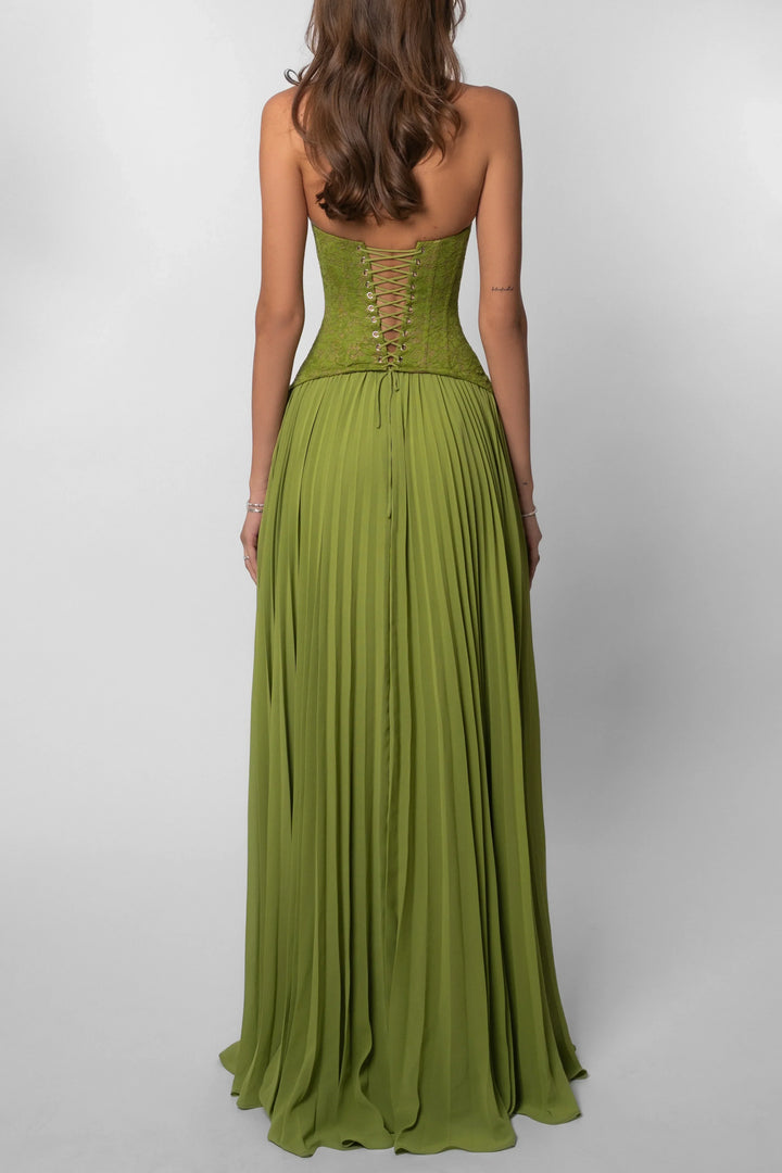 Women's Green Corset Halter Neck Pleated Chiffon Maxi Dress