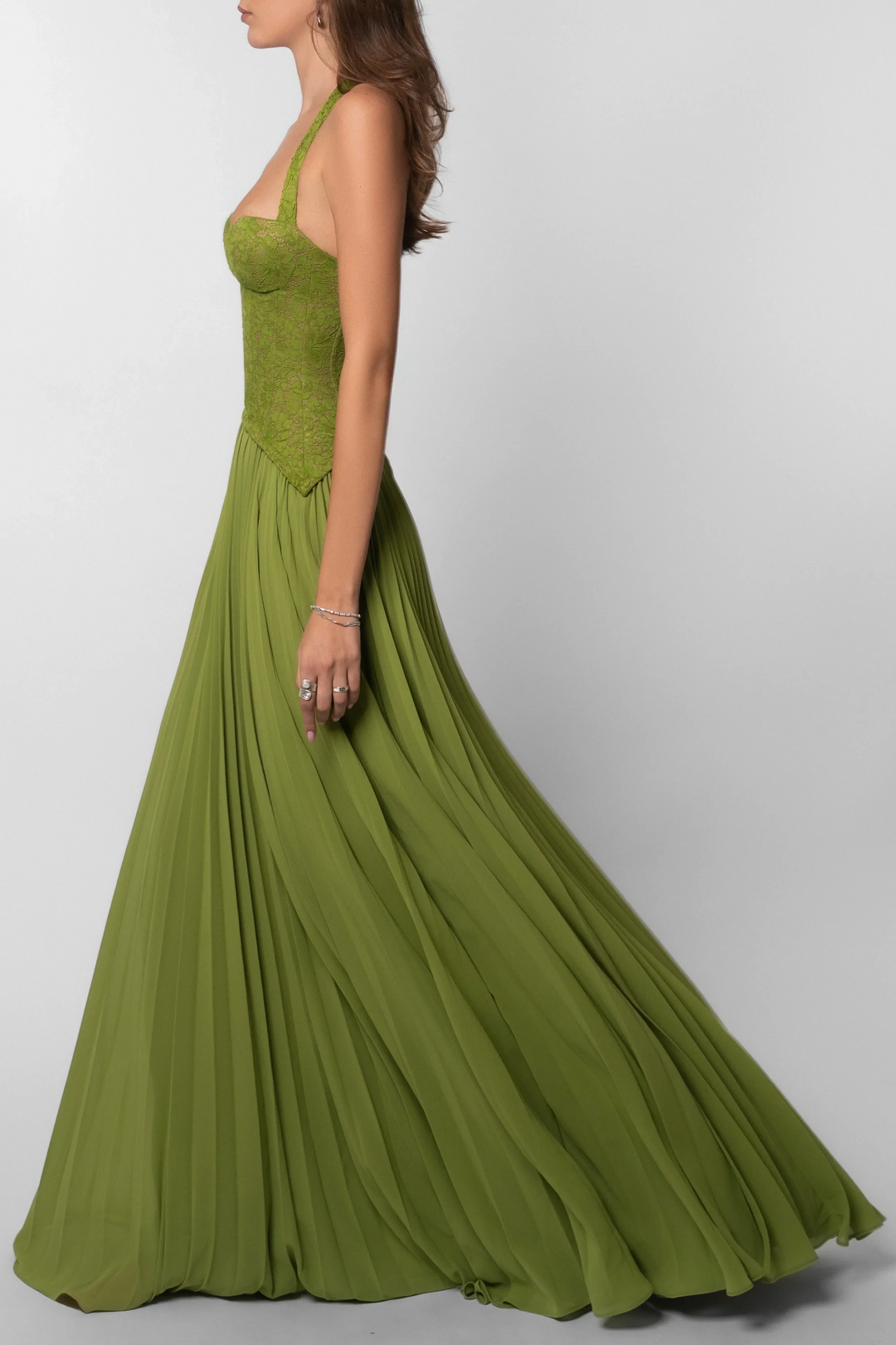 Women's Green Corset Halter Neck Pleated Chiffon Maxi Dress