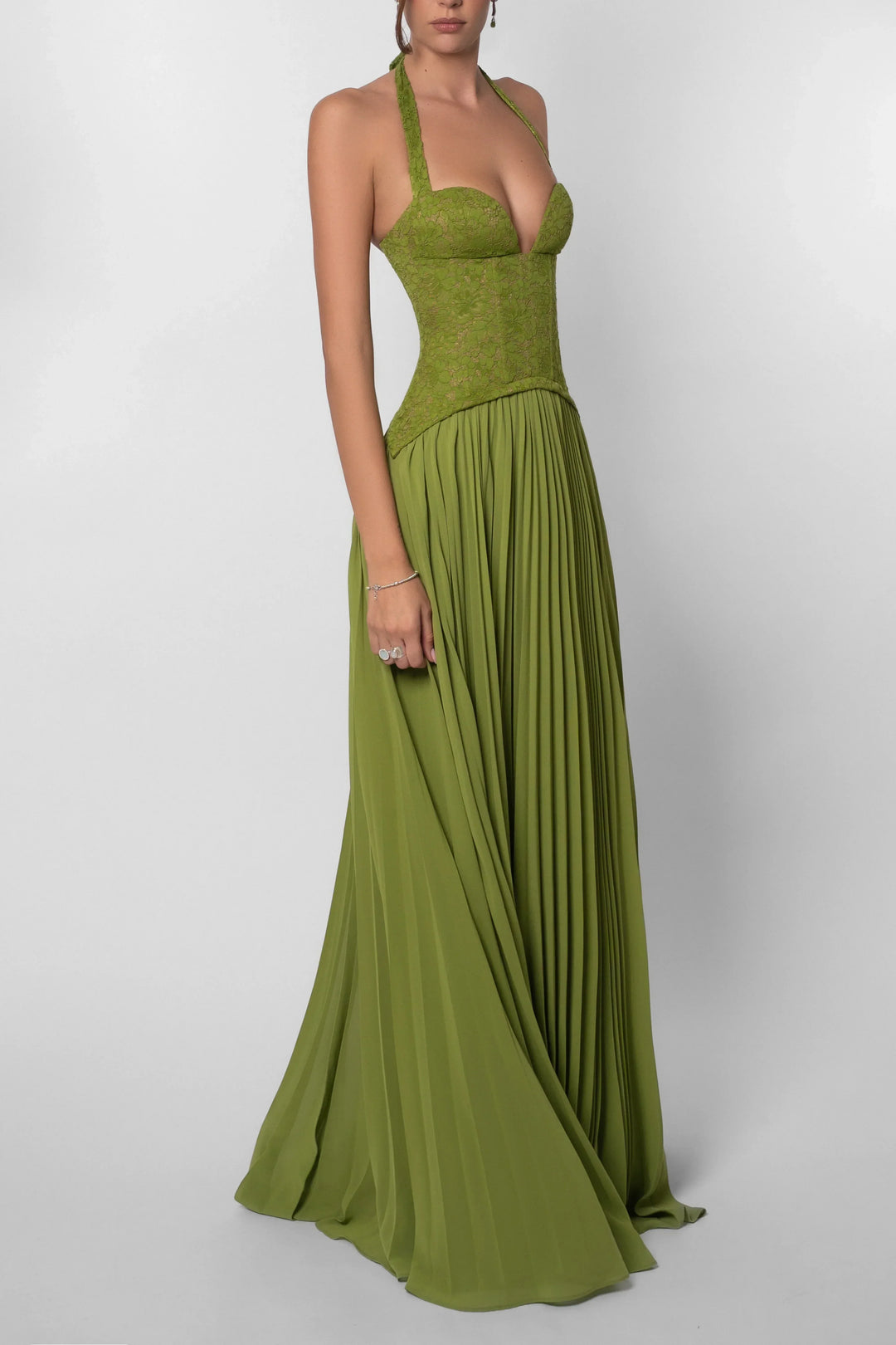 Women's Green Corset Halter Neck Pleated Chiffon Maxi Dress