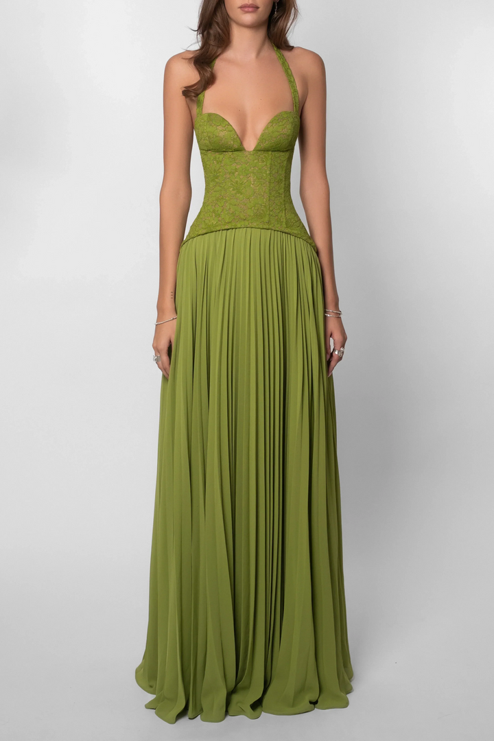 Women's Green Corset Halter Neck Pleated Chiffon Maxi Dress
