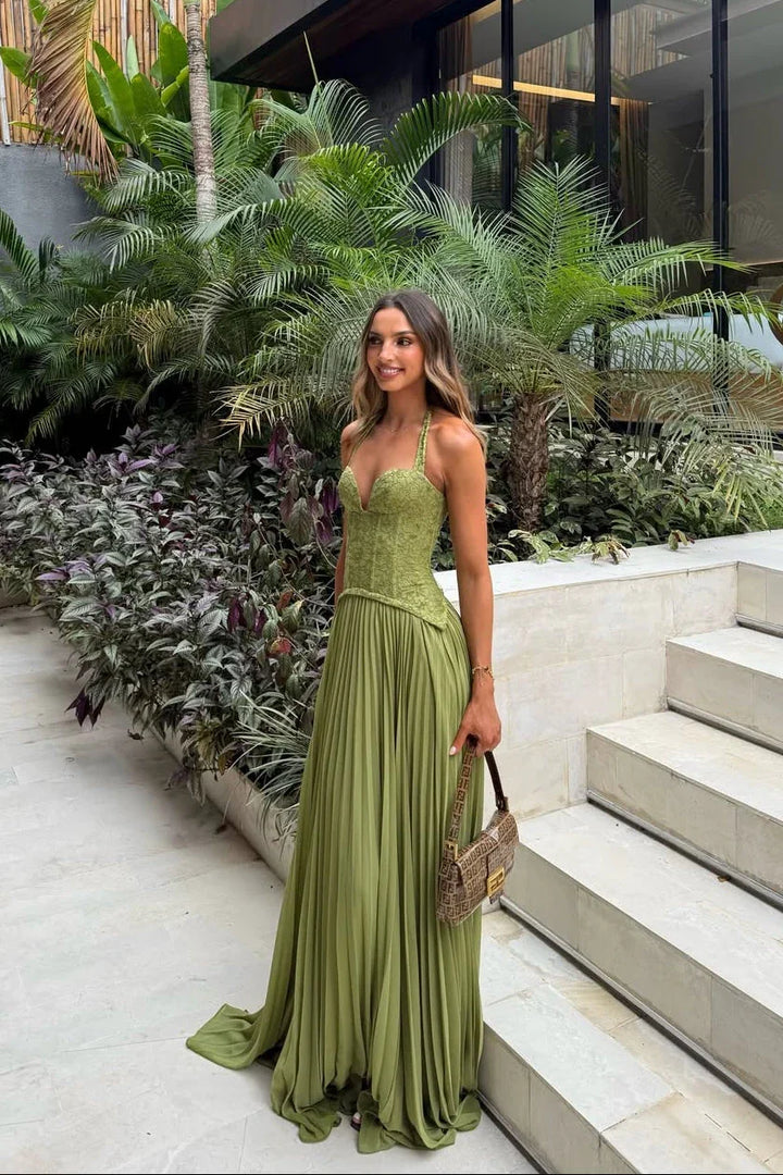 Women's Green Corset Halter Neck Pleated Chiffon Maxi Dress