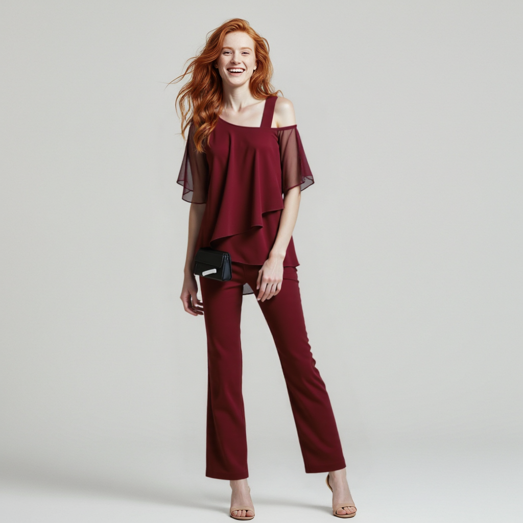 Women's Chiffon Cold Shoulder Top and Wide Leg Pants Set
