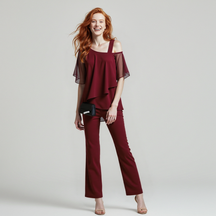 Women's Chiffon Cold Shoulder Top and Wide Leg Pants Set