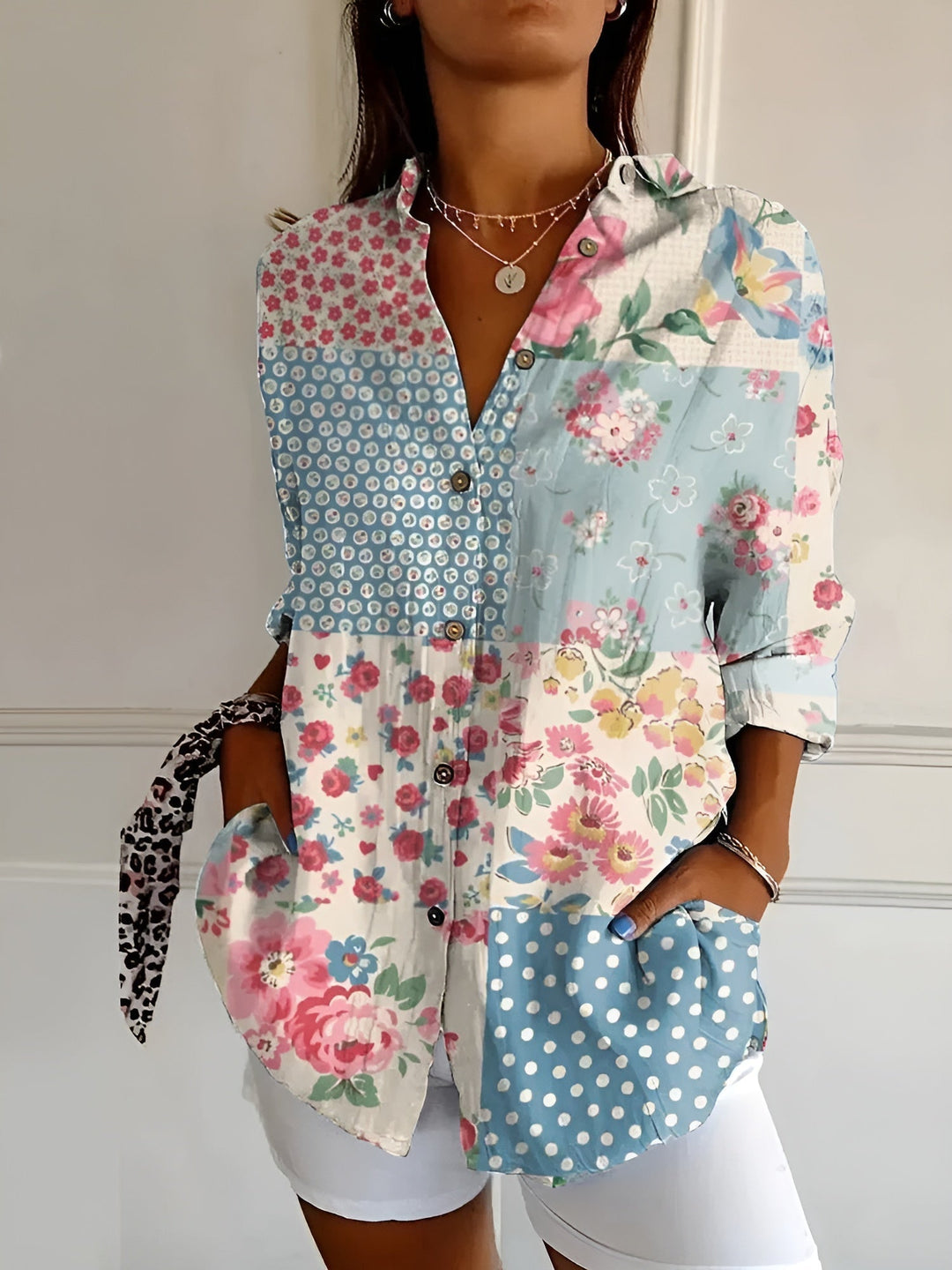 Women's Vintage Floral Button Down Blouse Long Sleeve