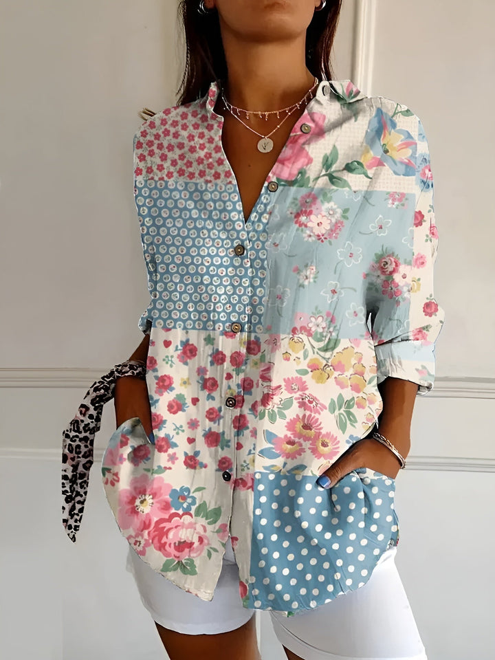 Women's Vintage Floral Button Down Blouse Long Sleeve