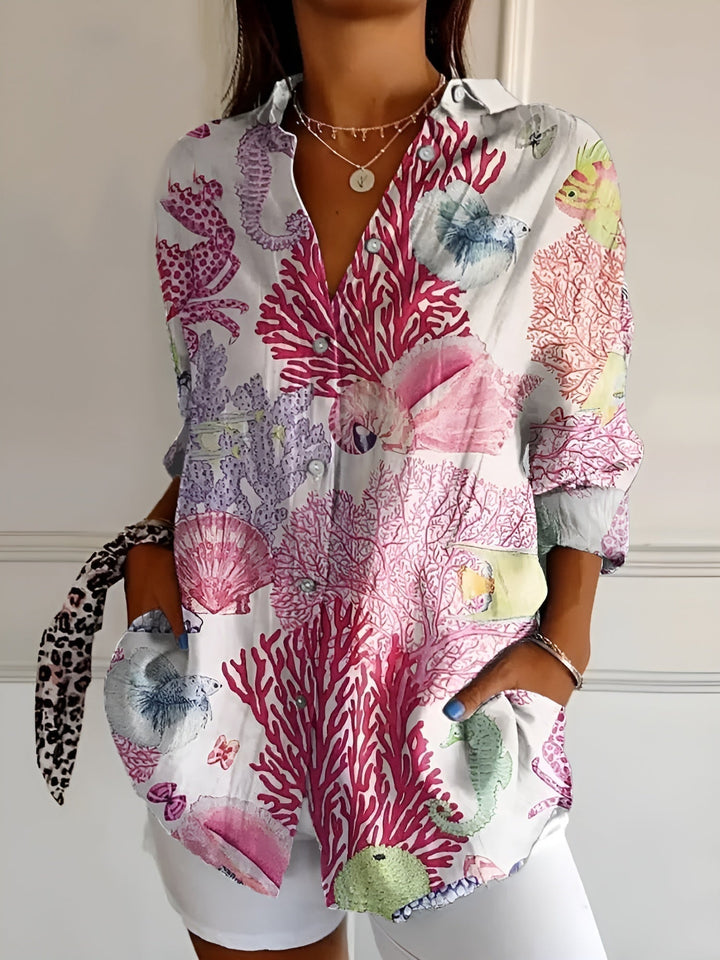 Women's Vintage Floral Button Down Blouse Long Sleeve