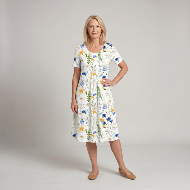 Women's Floral Print A-Line Midi Dress Short Sleeve