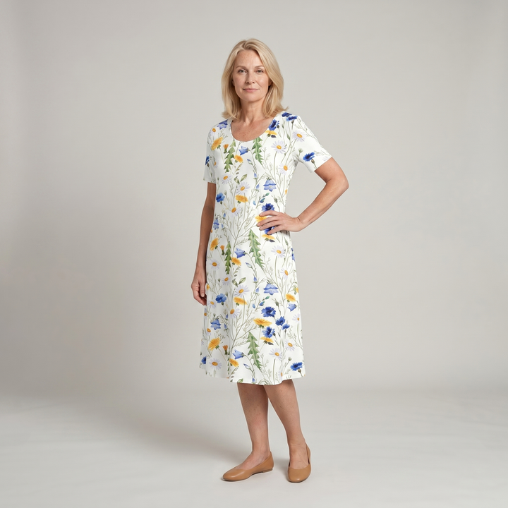 Women's Floral Print A-Line Midi Dress Short Sleeve