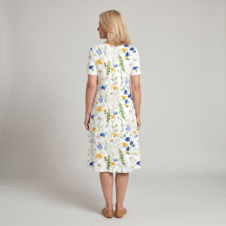 Women's Floral Print A-Line Midi Dress Short Sleeve
