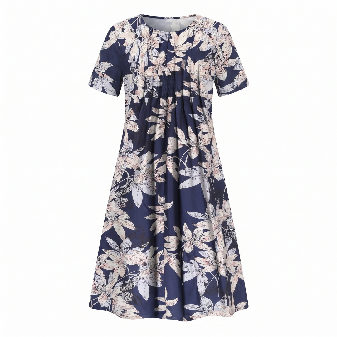 Women's Floral Print A-Line Midi Dress Short Sleeve