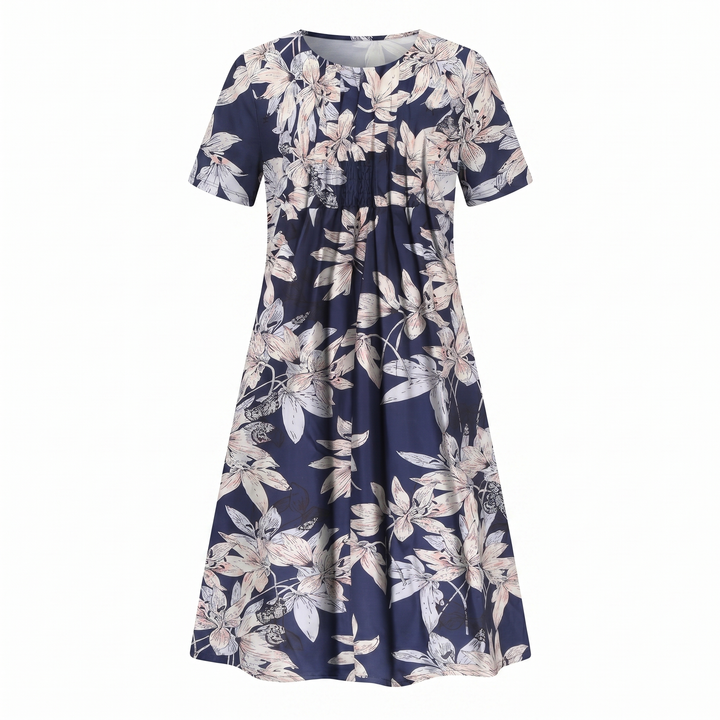 Women's Floral Print A-Line Midi Dress Short Sleeve