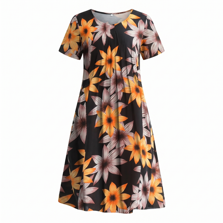 Women's Floral Print A-Line Midi Dress Short Sleeve