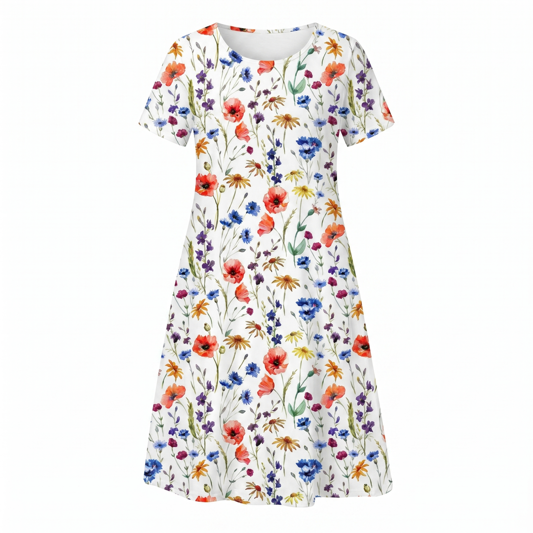 Women's Floral Print A-Line Midi Dress Short Sleeve
