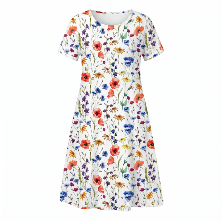 Women's Floral Print A-Line Midi Dress Short Sleeve