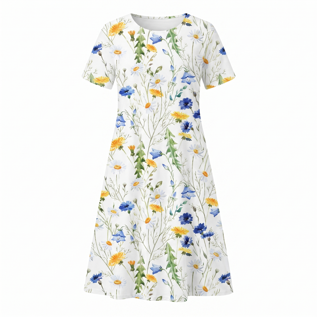 Women's Floral Print A-Line Midi Dress Short Sleeve