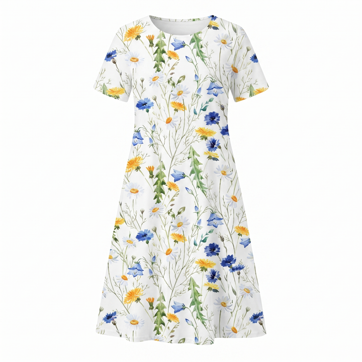 Women's Floral Print A-Line Midi Dress Short Sleeve